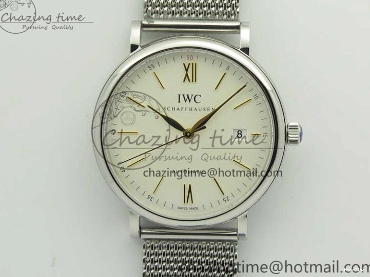 MIROTIME 0111 Breathable Portofino IW356501 SS V3 MK 1:1 Best Edition White Dial Gold Markers On SS Mesh Bracelet MIYOTA 7197